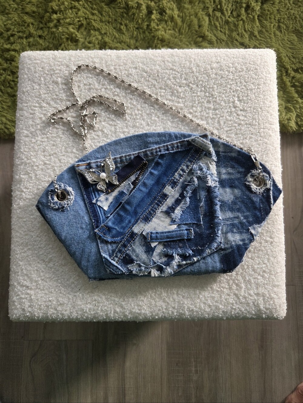 Handmade Denim Patchwork Crossbody Bag with Rhinestone Butterfly Pin
